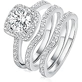 Gemsme 18K Gold Plated Three-in-One Wedding Engagement Eternity Rings Halo Cubic Zirconia Bridal Rings Set