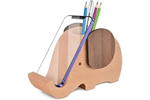 AhfuLife Wooden Elephant Cell Phone Holder/Stand with Pen&Pencil Holder/Pot, Desk Decoration Multi-functional Supplies Stationery Organizer, Birthday Graduation Gift