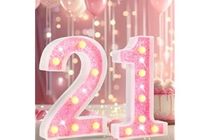 LOVELITE 8.8" Decorative LED Light Up Numbers, Glitter Marquee Number Lights for 21st Birthday Party Decorations, Lighted Number Sign for Girls Wedding Backdrop Home Decor, Pink Number 21