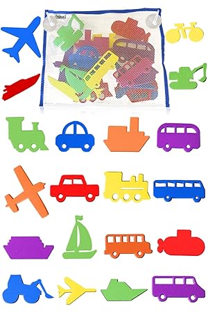 3 Bees & Me Bath Toys and Bath Toy Storage Net Set - 20 Fun Foam Toy Shapes for Boys & Girls plus Toy Organizer by 3 Bees and Me