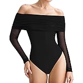 MANGOPOP Women's Off The Shoulder Long Sleeve Bodysuit Sexy Sheer Mesh Top Double Lined Body Suits Fall Outfit 2025