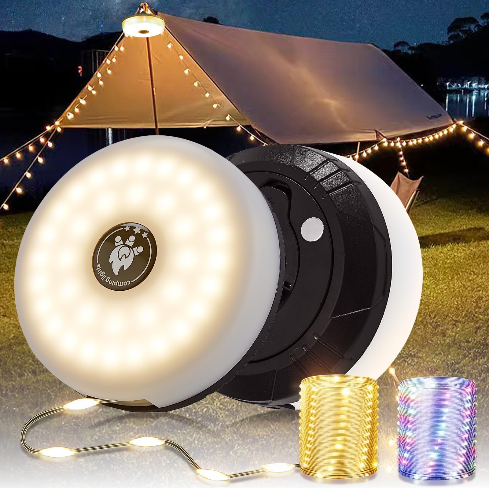 2-Pack Camping String Lights, 4 in 1 Portable Camping Light Rechargeable, 8 Lighting Modes, USB Charging, Quick Storage, 32.8FT Waterproof Tent Lights String for Camping, Hiking, Yard, Christmas,Black Image