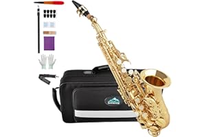 EASTROCK Soprano Saxophone Curved Bb Flat Gold Sax Instruments for Beginners Intermediate Players with Carrying Case,Mouthpiece,Pads,Reed,Cleaning kit,neck Strap,White Gloves