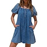 EXLURA Womens Summer Denim Short Puff Sleeve Dresses Knit Loose Plus Size Short Mini Dress 2026 Trendy Spring Outfits