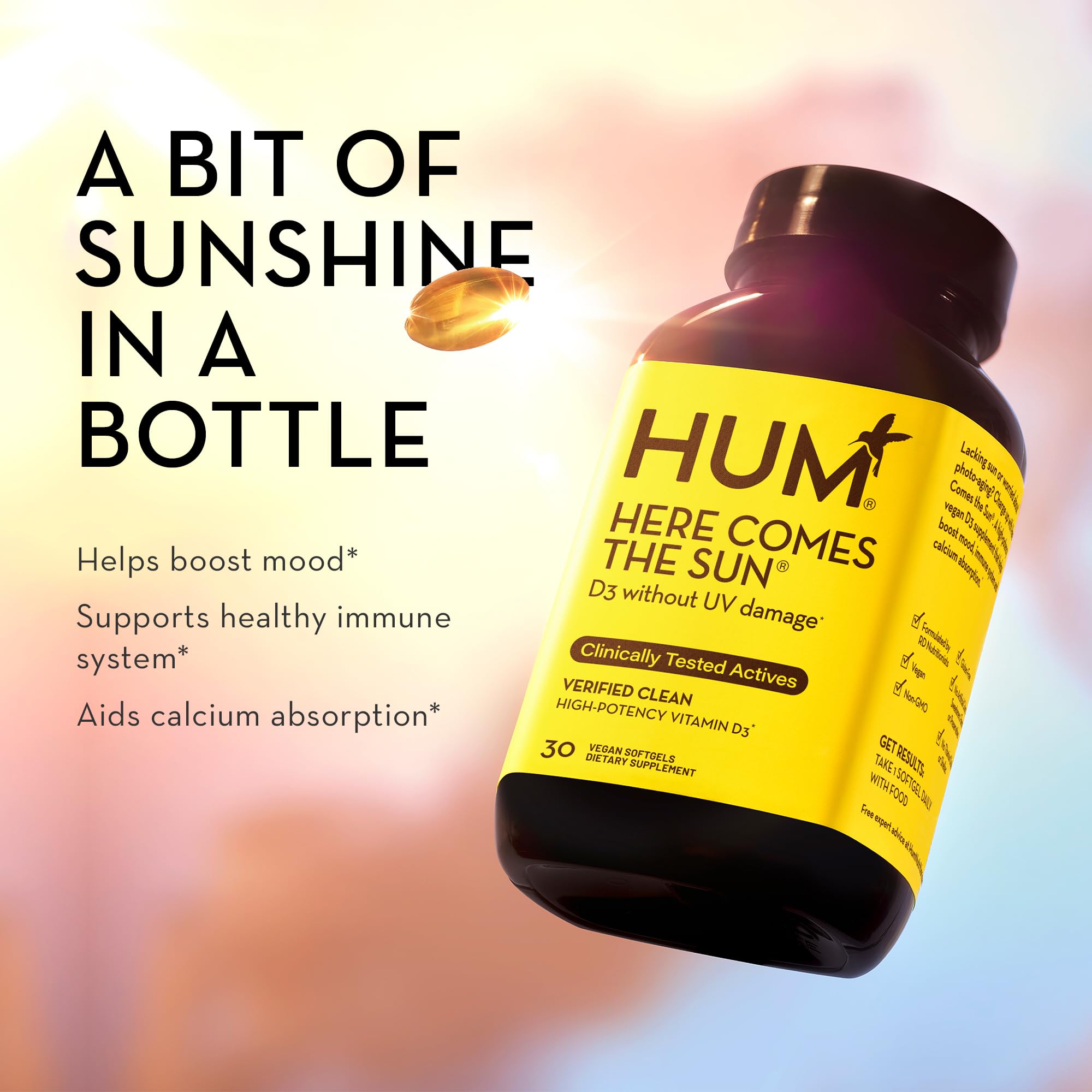 HUM Here Comes The Sun Immune Support Supplement with Vitamin D Supplements for Women and Men for a Healthy Immune System, D3 Vitamin Supports Bone Health, 30 Capsules