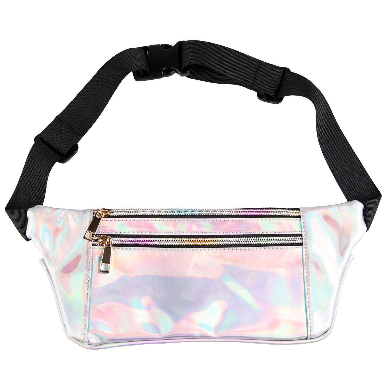 Fanny Pack Waist Bag Women Bum Pouch Pocket Cute Holographic Shiny Iridescent Adjustable Belt Travel Running (Silver)