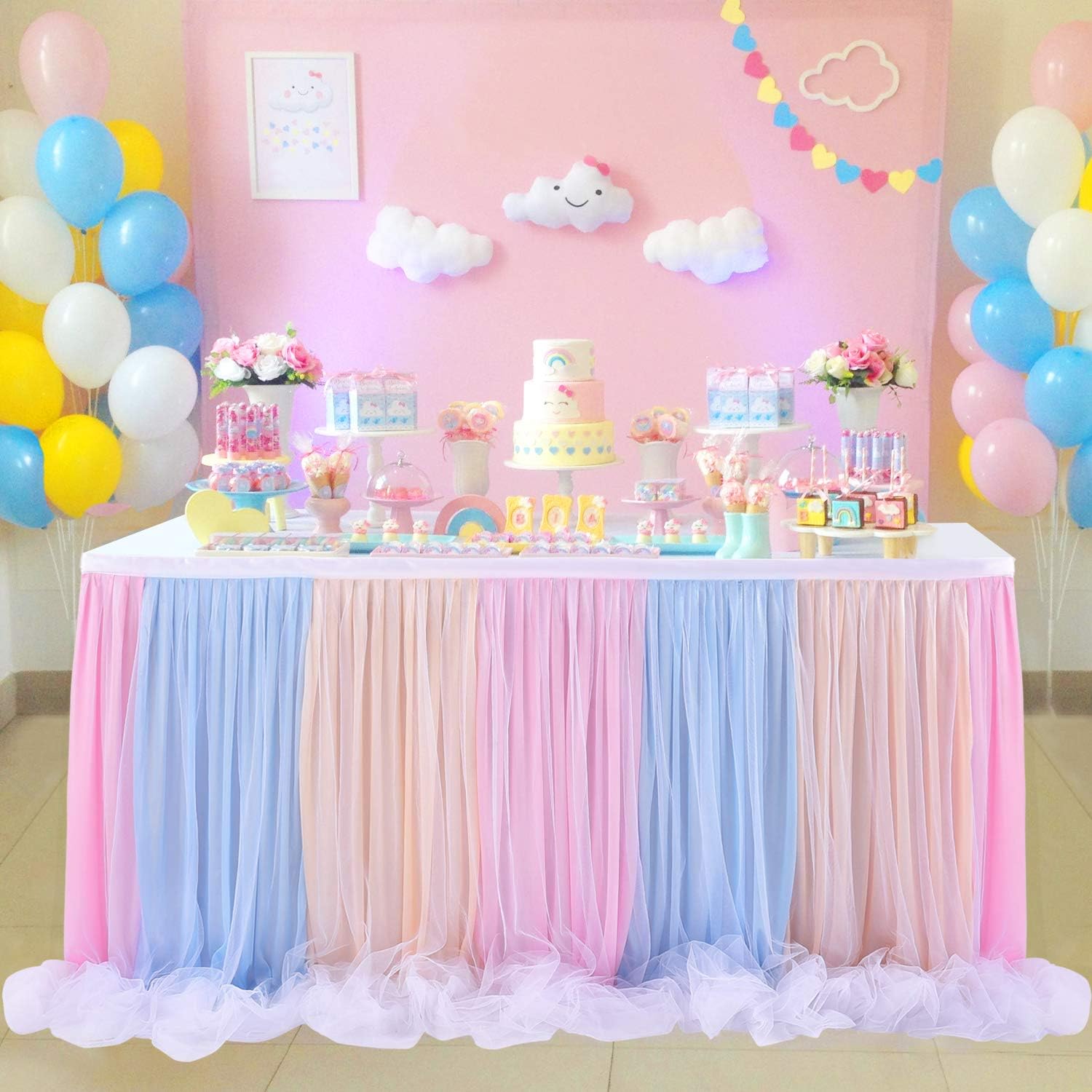 Rainbow Tulle Table Skirt Pink Blue Yellow Three Colors Splice Table Skirt for Rectangle or Round Tables for Baby Shower, Wedding, Birthday, Party Decorations