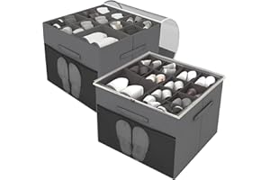 ZLLZUU Shoe Organizer for Closet,2 Pack Foldable Shoe Storage Box with Adjustable Dividers and Clear Cover, Fabric Shoe Storage organizer Bin with Mesh Pockets,Fits up to 16-32 Pairs,Grey