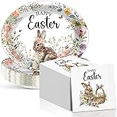 QOUBAI Happy Easter Oval Paper Plates Vintage Bunny Rabbit Flower Plates and Napkins Party Decorations Easter Floral Party Supplies 11inch Heavy Duty Dish Tray Dinnerware for Spring Picnic, 25 Guest
