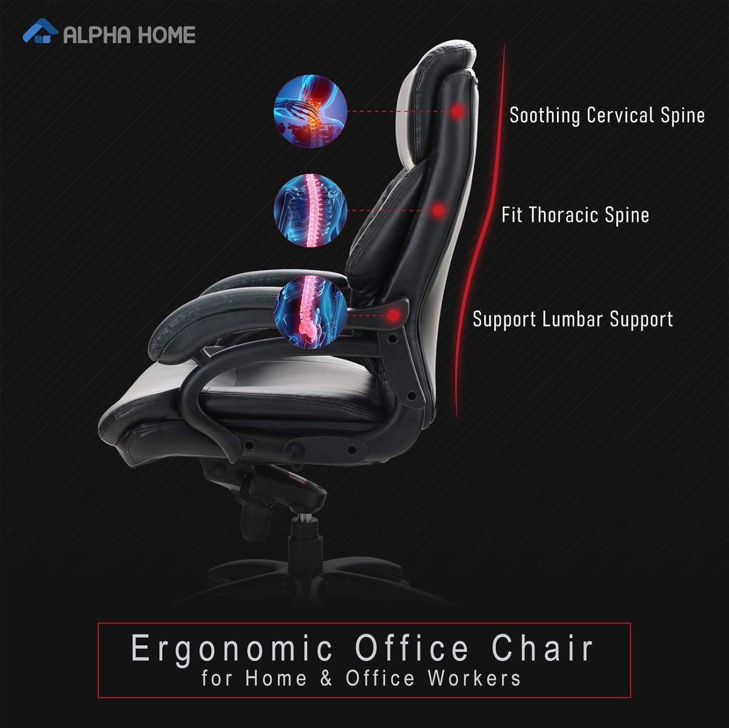 ALPHA HOME Ergonomic Office Chair High Back Executive Chair Managerial Computer Desk Chair with Lumbar Support Big Tall Adjustable Height Rolling Swivel Chair with Caster Black -Capacity 400 lbs: Kitchen & Dining