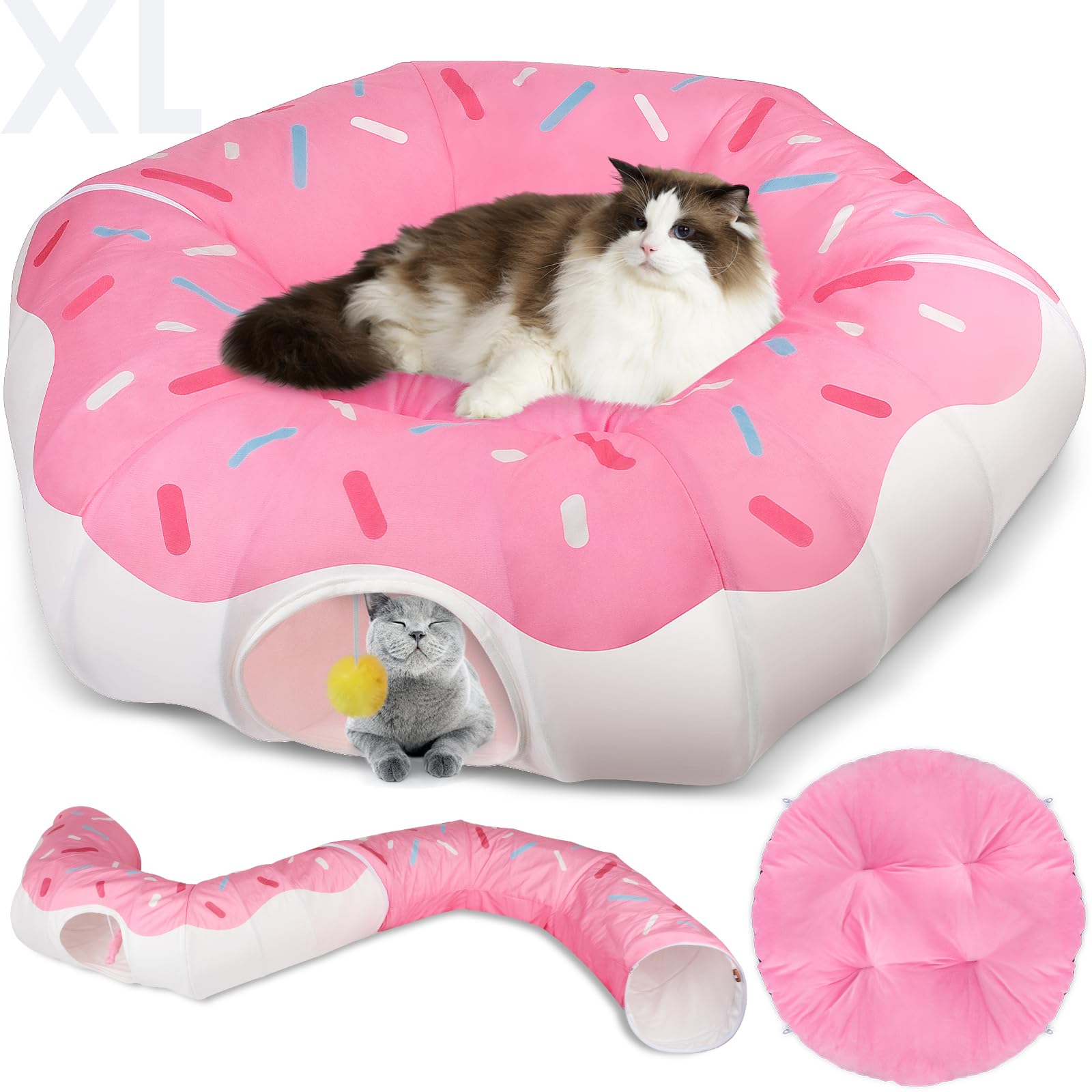Photo 1 of Extra Large Cat Tunnels for Indoor Cats, Multifunctional Cat Tunnel Bed, Cute Cat Donut Tunnel with Washable Cushion & Hanging Balls, Detachable Cat Tunnel Toy for Large Cat, Kittens (41 in)