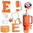 Mity rain 6PCS Orange Cup Accessories Set for Stanley Cup 30oz 40oz tumbler with handle, Including Straw Topper Cover Cap and Boot, Spill Proof Stopper, Handle Charm, Initials Sticker（Letter E