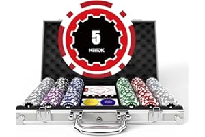 HEITOK Poker Chips with Denominations, 300-pcs 11.5g Weighted Numbered Casino Chips Set, 5 Dice, 2 Decks with Compact Aluminum Case for Texas Hold'em, Blackjack, Age 8 and Plus