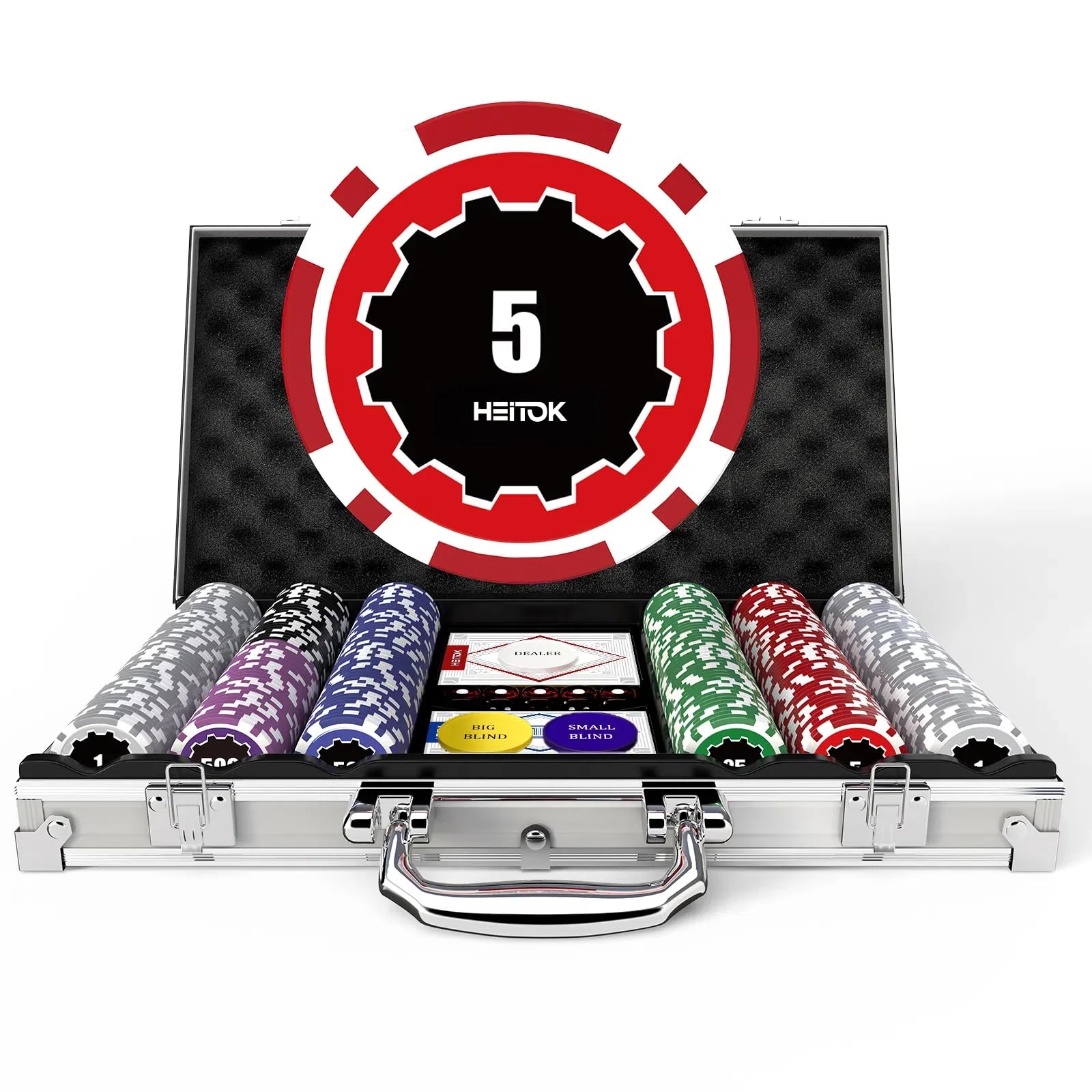 Photo 1 of Poker Chips with Denominations, 300-pcs 11.5g Weighted Numbered Casino Chips Set, 5 Dice, 2 Decks with Compact Aluminum Case for Texas Hold'em, Blackjack, Age 8 and Plus