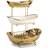 MEIGLQEA 3-Tier Gold Fruit Bowl &amp; Tray with Metal Stand - Ceramic White, Triple Layer for Snacks, Nuts, Bread &amp; Candy Storage