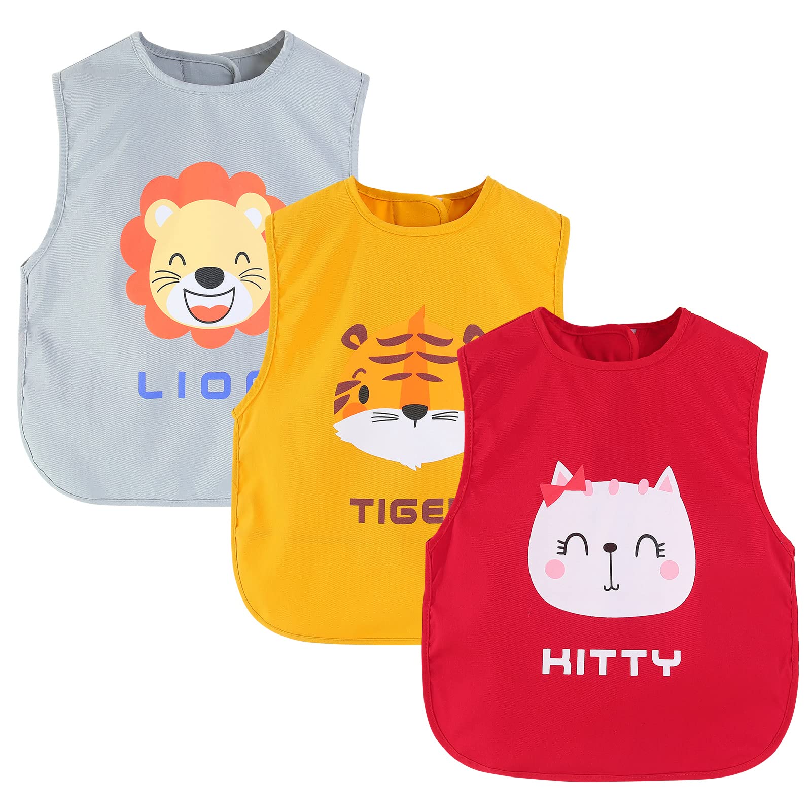 Happy Cherry 3 Packs Kids Waterproof Feeding Bibs Baby Sleeveless Easy Wipe Apron Toddler Cartoon Smock Bibs Boys Girls Drool Bibs Painting Gaming Clothes 3-4 Years Old