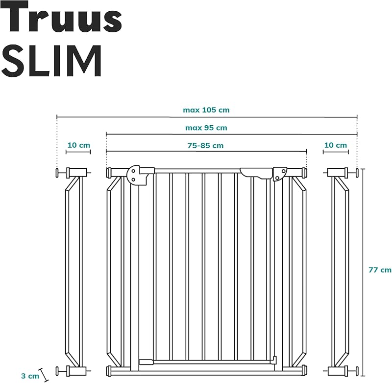 Truus Slim - Rejilla de protección para escaleras, sin taladrar, Rejilla Protectora para Puerta, Rejilla para Puerta para bebé, Metal, Ancho de 75 a 105 cm, Ajustable