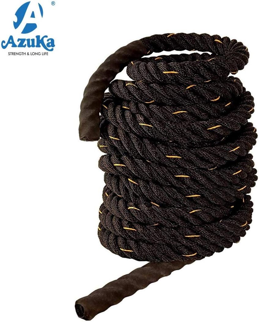 AZUKA® Battle Rope 50FT | Heavy Polypropylene Workout Rope | Gym & Home Fitness Training Rope | 1.5 Inch Diameter (Black-Yellow)