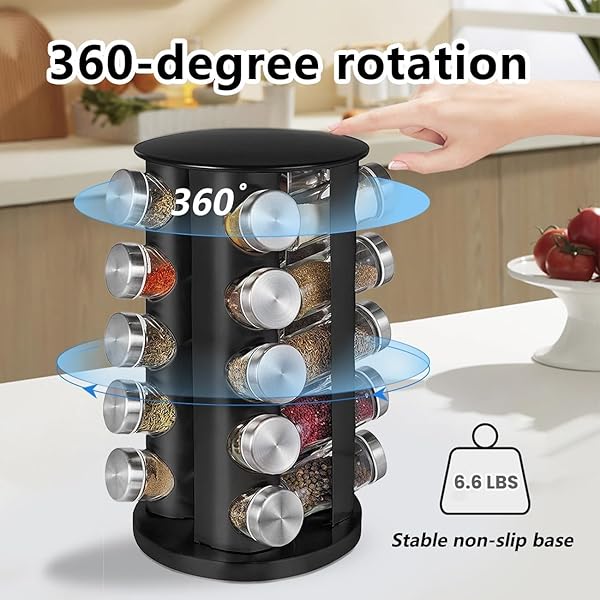 EBIZ&TECH 20-JAR STAINLESS STEEL ROTATING SPICE RACK WITH NON-SLIP BASE – KITCHEN COUNTERTOP ORGANIZER FOR EASY ACCESS AND STORAGE OF SPICES (BLACK)