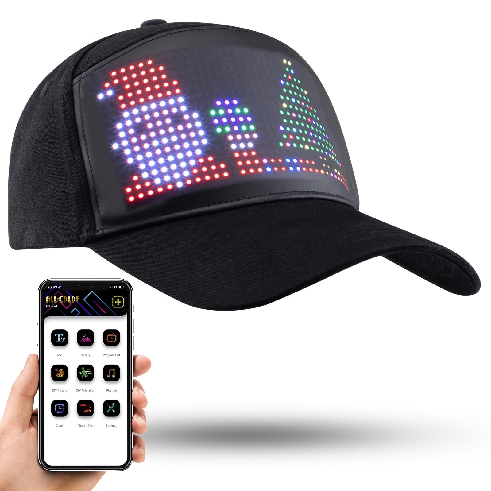 LIOVODE LED Hats, Mobile APP Control Cap Display Message Words Hats for New Year's Christmas Party Birthday Advertising Campaign (Colorful Light)