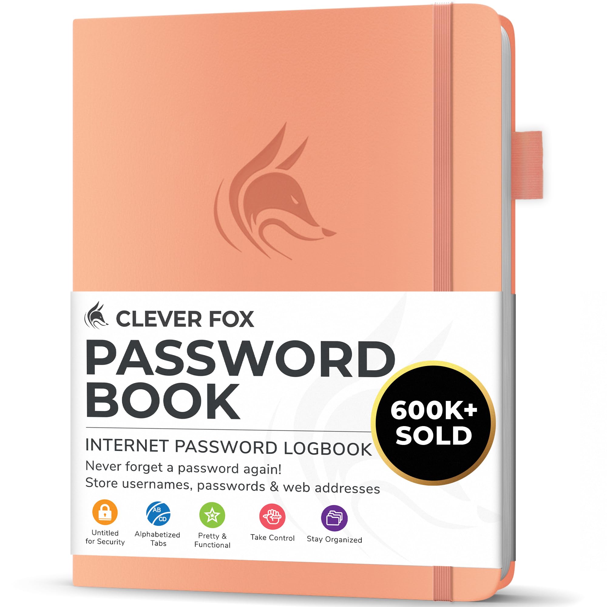 Clever Fox Password Book with alphabetical tabs. Internet Address Organizer Logbook. Small Pocket Password Keeper for Website Logins (Peach Pink)