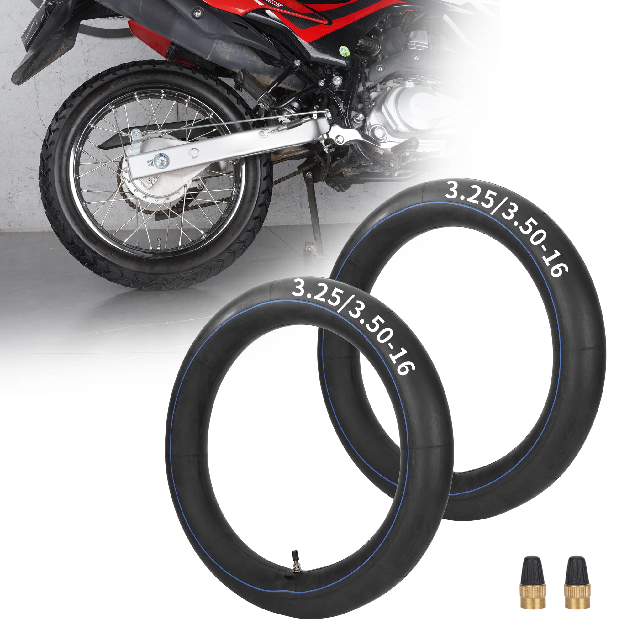 Photo 1 of 3.00-16 3.25/3.50-16 Motorcycle Inner Tubes with TR4 Straight Valve Stem, Compatible with 90/100-16 100/80-16 100/90-16 50cc 90cc 110cc Pit Dirt Bikes 16 inch Tires 2Pcs