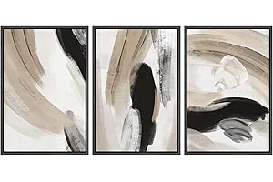 SIGNFORD Framed Canvas Print Wall Art Set Duotone Black Tan Paint Strokes Abstract Shapes Illustration Modern Art Decorative Nordic Minimal Zen for Living Room, Bedroom, Office - 24"x36"x3 Black