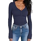 Prettywear Women Long Sleeve Henley Shirts V Neck Button Tight Slim Fitted Top Going Out Tees 2025 Trendy Spring Fall