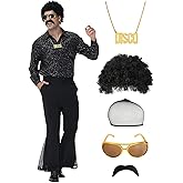 70s Outfits for Men, 7Pcs Disco Costume Include Retro Shirt Bell Bottom Pants Wig Sunglasses Necklace Wig Cap for Disco Party