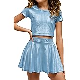 Happy Cherry Kid Girl Shiny Skirt and Top Set 2 Piece Texture Ribbed Metallic Disco Rave Cheer Outfit 4-12T