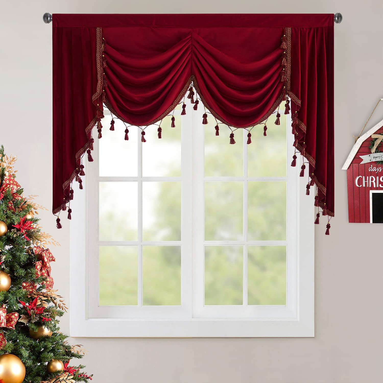 StangH Theater Red Waterfall Valance Curtains - Super Soft Blackout Velvet Swag Valances for Christmas Holiday Decoration, Room Darkening Window Drapes for Kitchen/Bedroom, W59 inches, 1 Panel