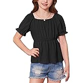 BesserBay Girls Summer Cute Puff Sleeve Off Shoulder Top Peplum Babydoll Square Neck Shirt 6-14 Years