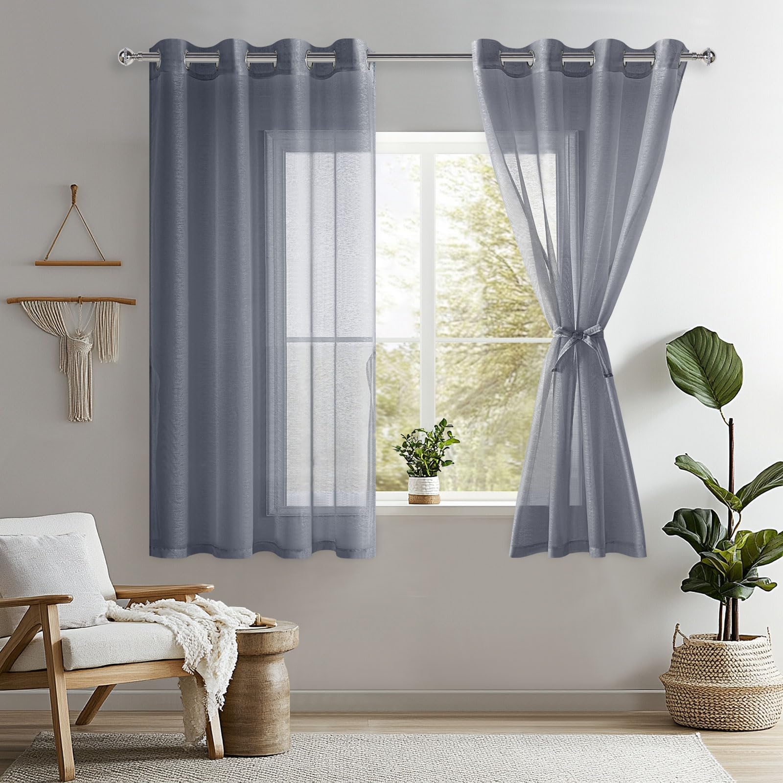 DWCN Dark Grey Sheer Curtains with Tiebacks Semi Transparent Voile Grommet Curtains Elegant Window Curtains for Bedroom and Living Room,2 Panels,W56 x L54