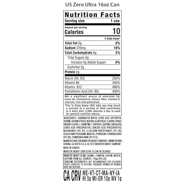 MONSTER ENERGY ZERO ULTRA, SUGAR FREE ENERGY DRINK, 16 OUNCE (PACK OF 15)
