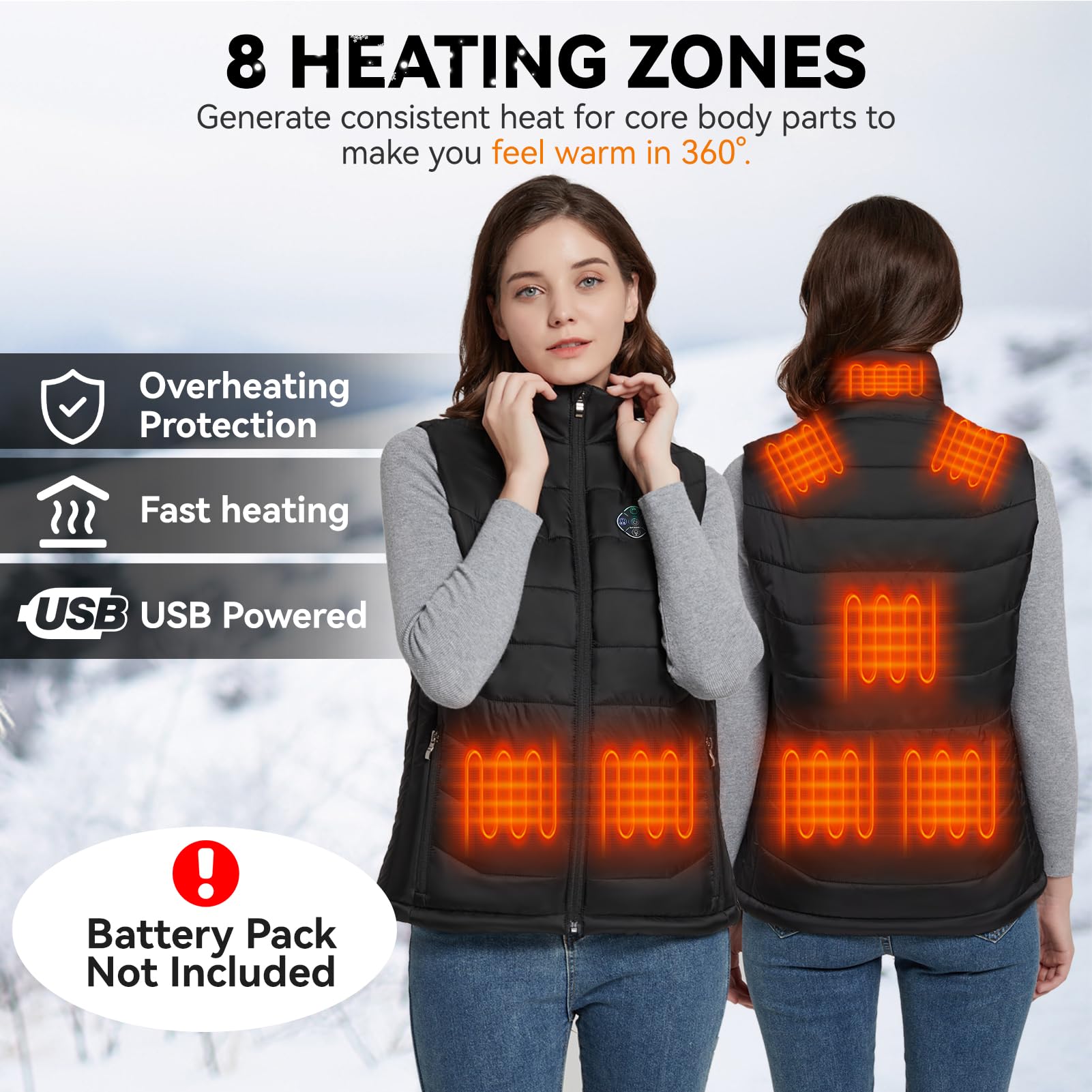 KOVNLO Heated Vest Women, (Battery Pack Not Included) Smart Controller With Lights-out, Electric Warming Heated Jackets