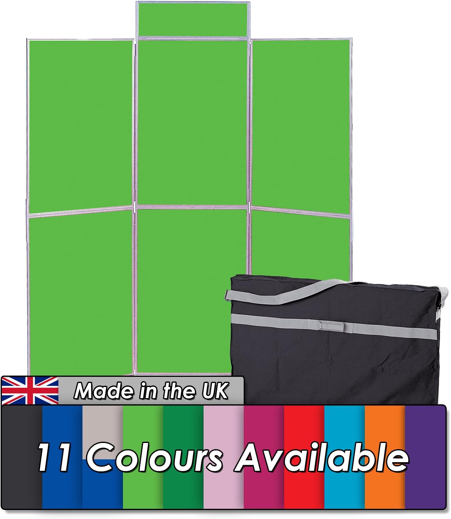 Wonderwall Folding 6 Panel Display Kit with a Canvas Bag, 100 Adhesive Hook Fasteners & Header - 11 Colours - for Schools, Exhibitions, Offices (Grass with Grey Frame)