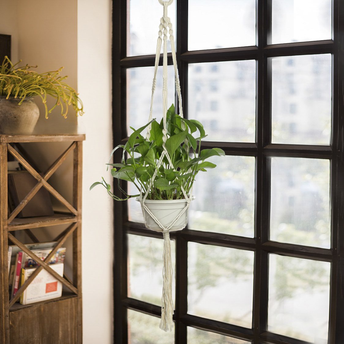 2 piezas de cesta de maceta para interiores y exteriores, colgante, cuerda de algodón, 4 patas de 101,6 cm, hecho a mano para interiores y exteriores, soporte de cuerda para colgar con gancho de techo, blanco