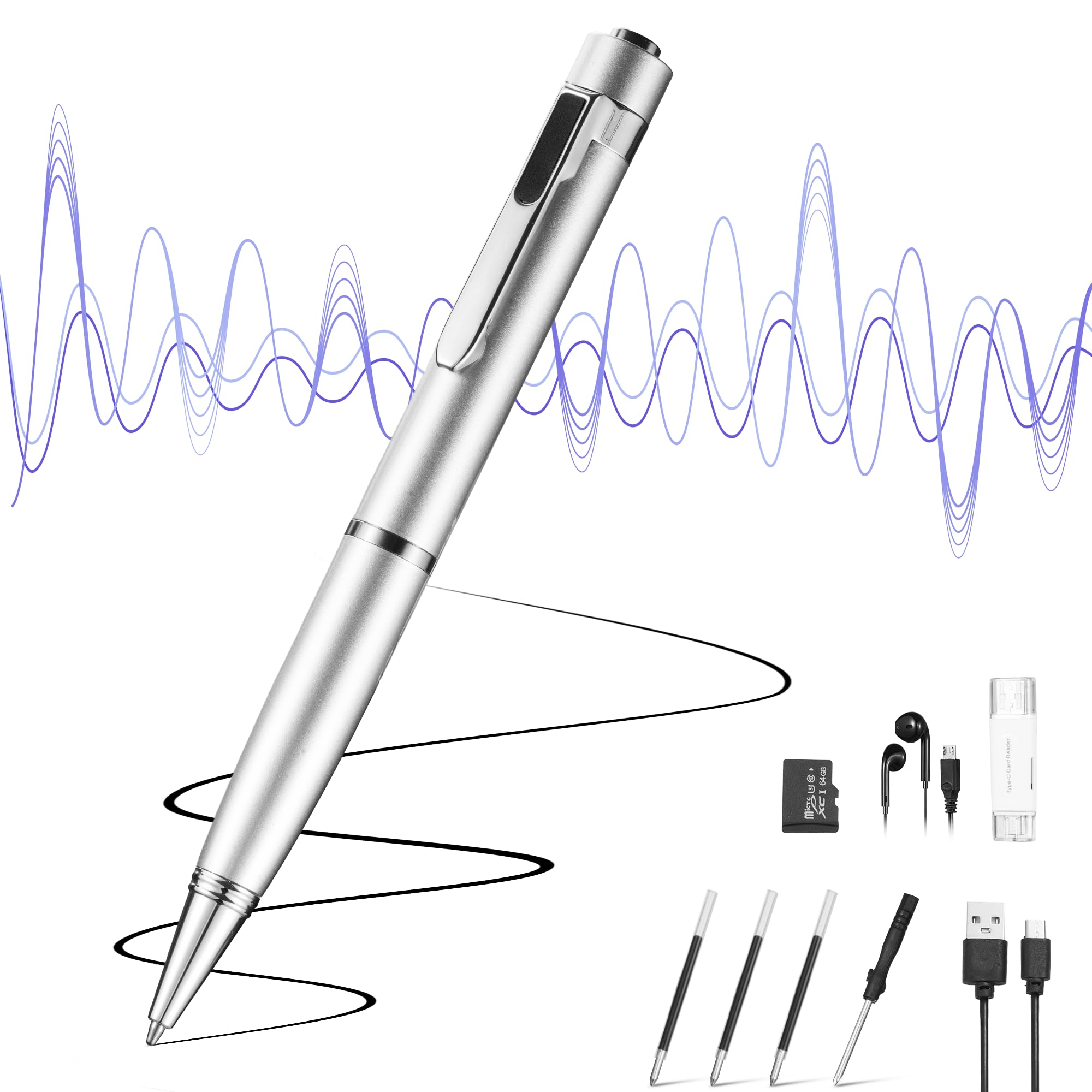 Photo 1 of ** POWER BUTTON BROKE** 64GB Voice Recorder with Playback: Digital Recording Device with Intelligent Noise Reduction for Meetings | Lectures | Course - Portable Audio Recorder for Student | Workplace Use (Silver)