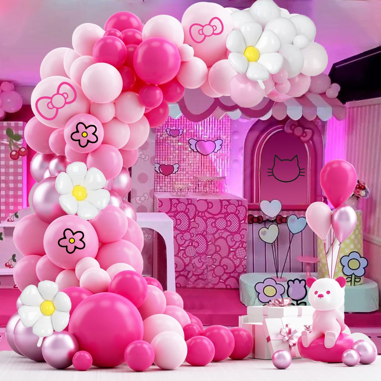 Photo 1 of 137Pcs Cartoon Cat Balloons Decorations Cartoon Cat Balloon Garland Arch Kit Hot Pink Rose Red Balloons for Cat Inspired Girls Kids Birthday Baby Shower Party Decor (pink)