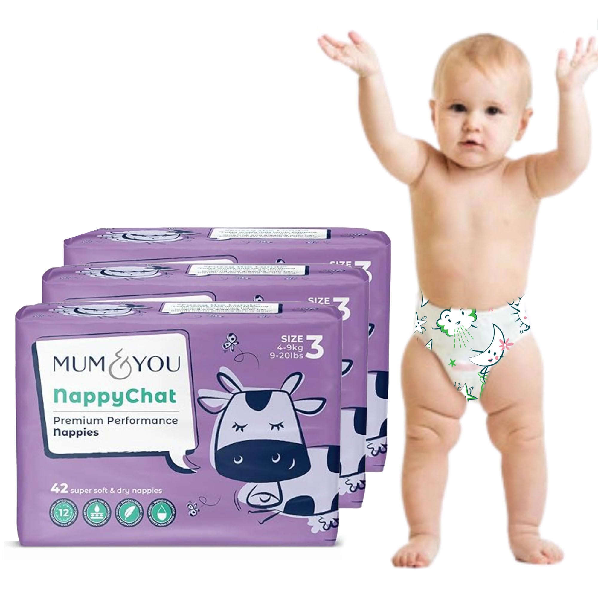 Mum & You Premium, Dry Baby Nappies | Size 3 (4-9 KG), 126 Count (3 Packs of 42) | Dermatologically Tested with 12-Hr Leak Protection with Wetness Indicator | Rash Free