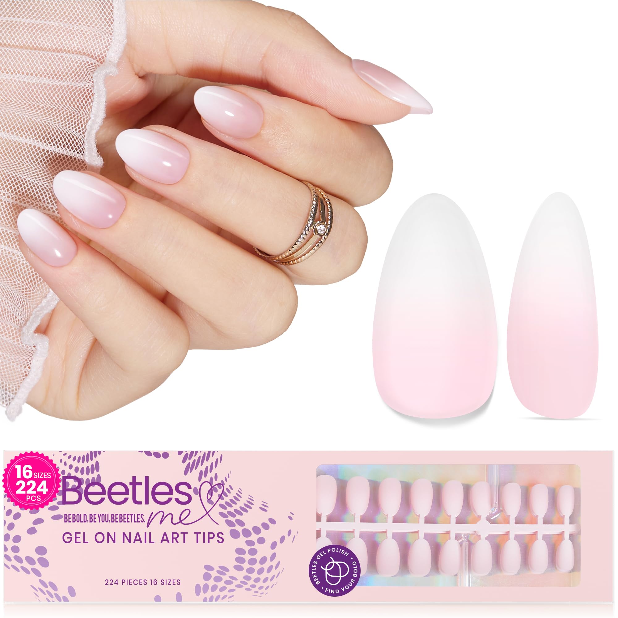 Beetles French Tip Press On Nails, 16 Sizes 224 Pcs Ombre Pink Extra Short Almond Press On Nails 4 In 1 Gel Nail Tips Pre-Applied Primer Base Soak Off Uv Nail Extension Valentines Gift for Women