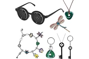 JAYUWE Accessories Set for Coraline, 7 Pieces, Button Eyes Glasses|Keychains|Bracelets|Necklace|Dragonfly Hair Clip for Women Men, Jewelry Compatible with Coraline Halloween Costume Cosplay Movie Props Dress Up