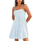 CUPSHE Womens Summer Dresses Smocked Sleeveless Square Neck Striped Mini Dress with Pockets