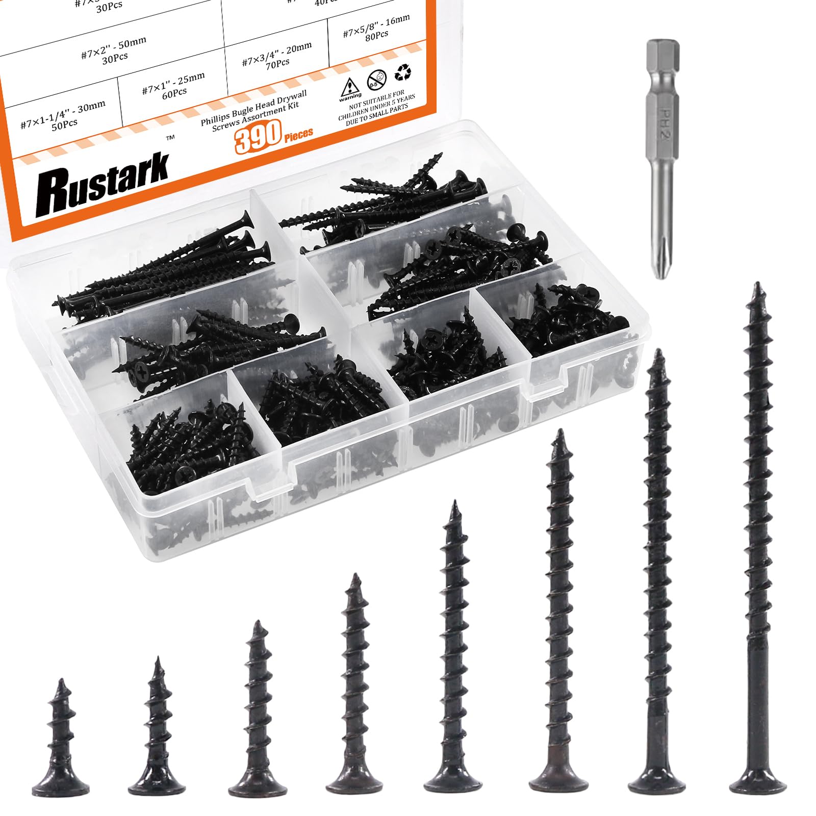 Rustark 390Pcs M4 Coarse Thread Drywall Screw with Phillips Drive Black Oxide Finsh Bugle Head Wood Screws Assortment Kit Ideal for Drywall Sheetrock