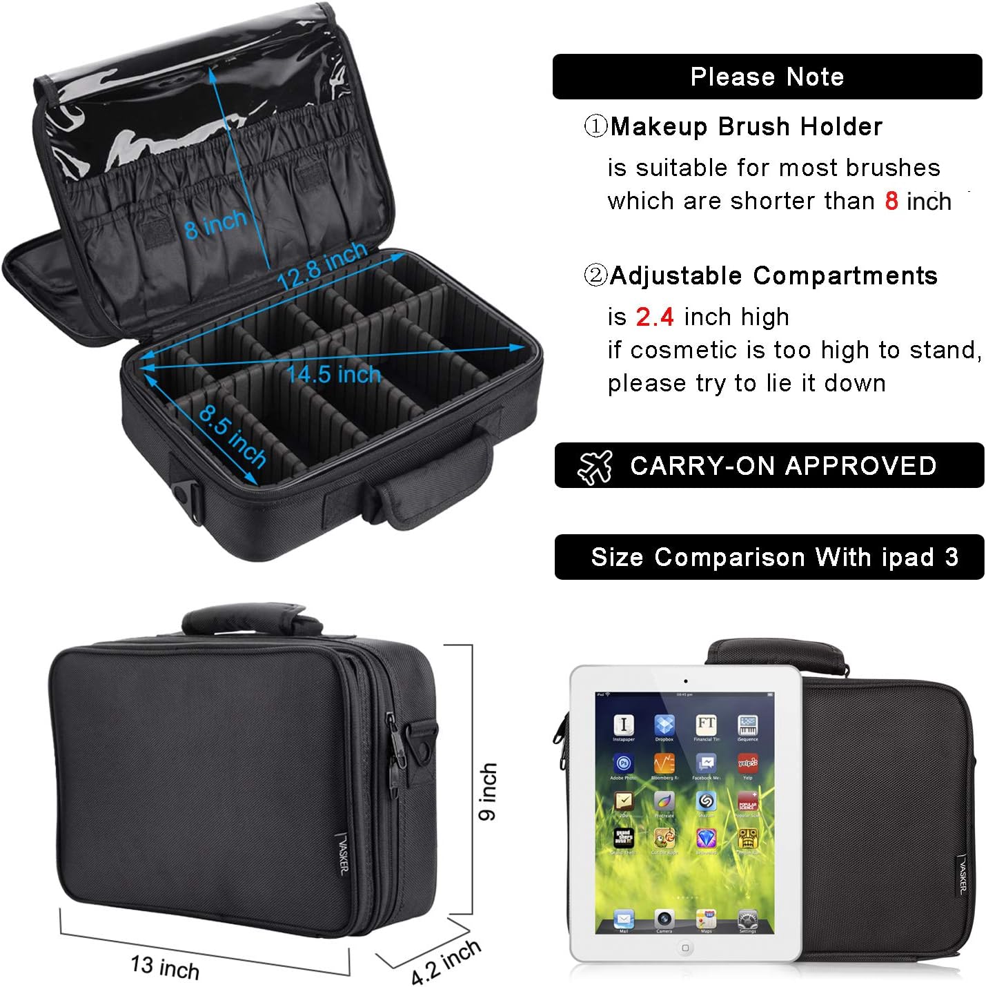 VASKER Large Makeup Case 3 Layers Makeup Bag Organizer Professional Waterproof Travel Cosmetic Case Box Portable Train Cases Black Brush Holder with Adjustable Divider Gift for Women : Beauty