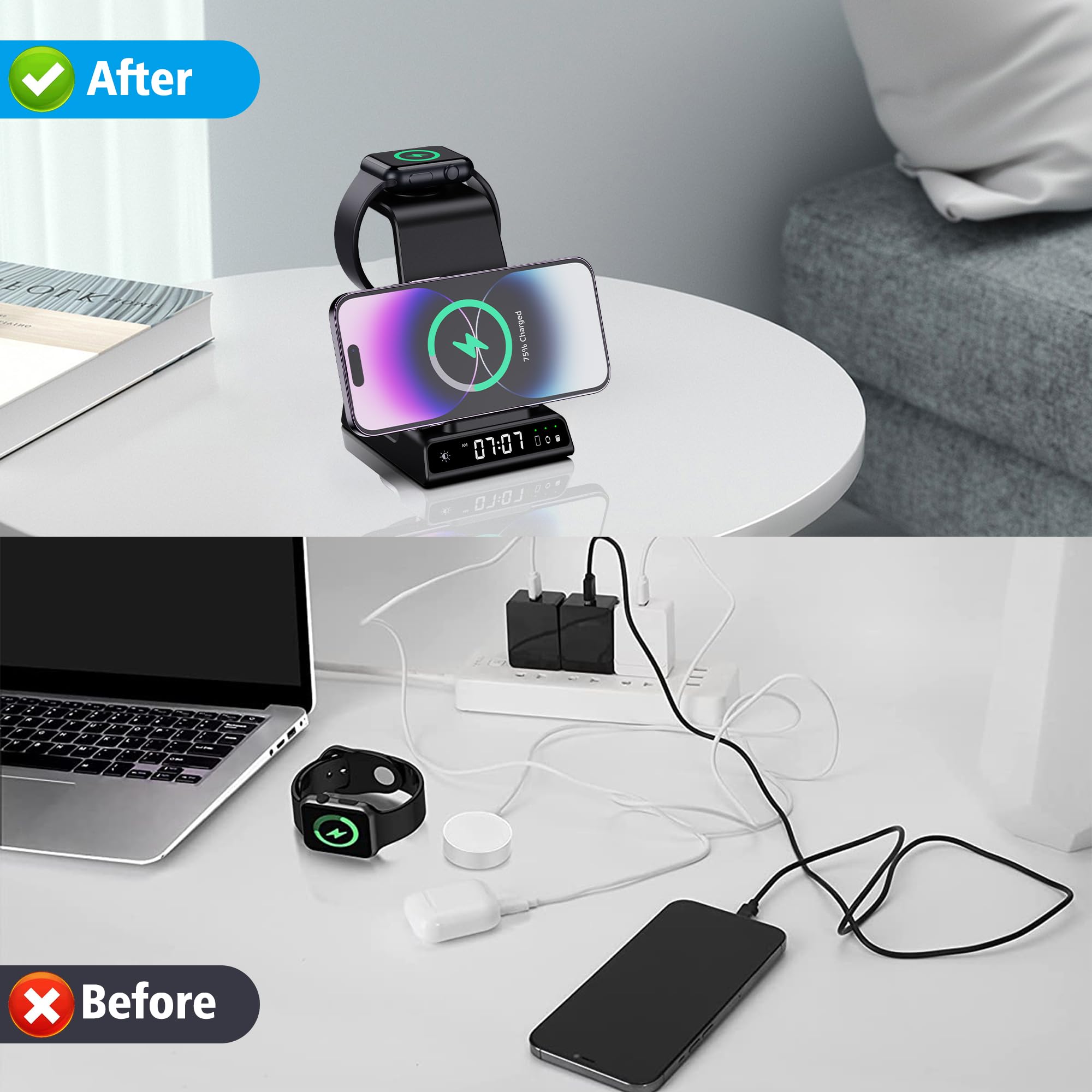 Wireless Charging Station, YiJYi 3 in 1 Watch Charger Stand with Digital Clock Suitable for iWatch SE/6/5/4/3/2/1,AirPods Pro, for iPhone 16/15/14/13/12/11 Pro Max/XS/XR/X/8/Samsung S23/S22/S21