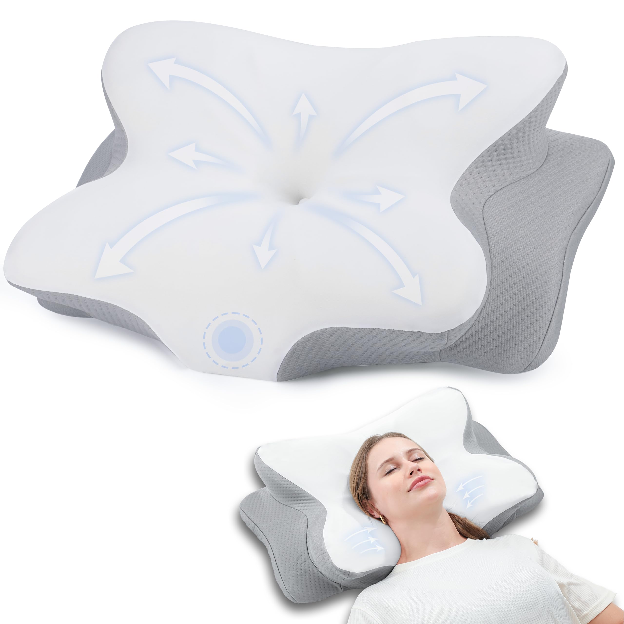 RUMMY Cervical Memory Foam Ergonomic Neck Pillow Removable Washable pillowcase, for Orthopedic Sleeping Neck Pain and Stomach Sleepers(Grey,62x35x13cm)