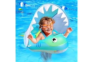Baby Swimming Float, AivaToba Inflatable Infant Swim Float, Inflatable Baby Pool Float with UPF 50+ Sun-Protective Canopy, Add Tail No Flip, Hand Pump for Toddlers Age 3-36 Months