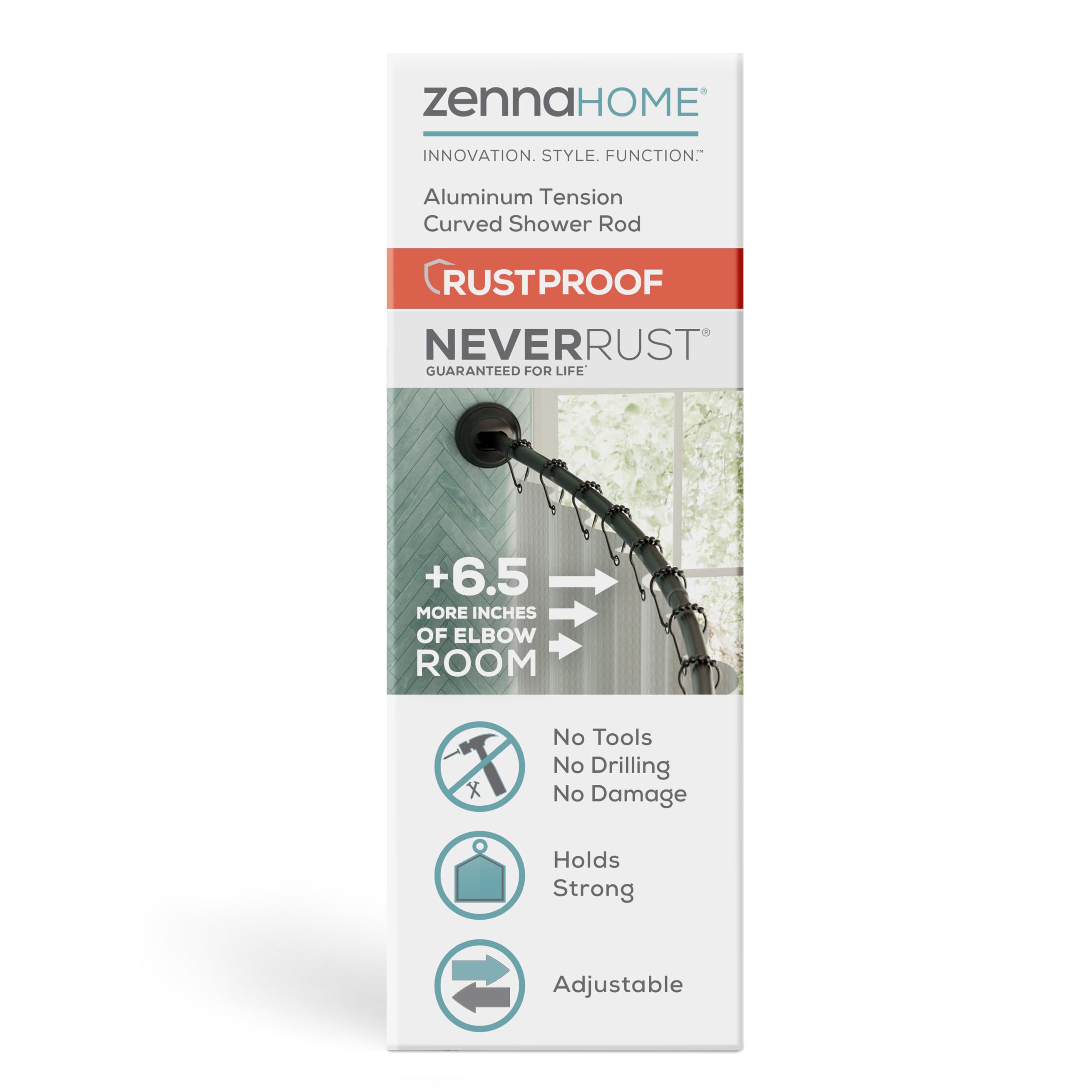 Photo 1 of **used missing parts***   Zenna Home Rustproof Curved Shower Curtain Rod, No Drill Adjustable Curved Tension Shower Curtain Rod for Bathroom, Easy Install, Rounded for Extra Room and Comfort, 50 to 72 Inches, Bronze