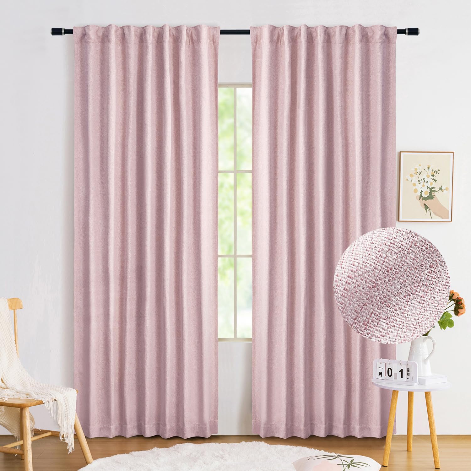 Pink Full Blackout Curtains for Nursery Girls Bedroom, 72 Inches Long Burlap Linen Textured Thermal Insulated 100 Room Darkening Back Tab Rod Pocket Drapes for Living Room Dining, 52"W 2 Panels